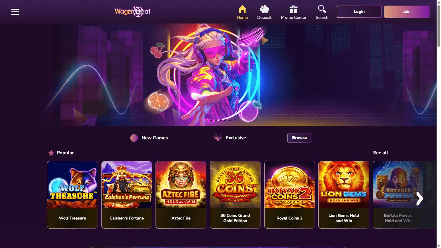 Wager Beat Casino desktop home showing casino entertainment and account features