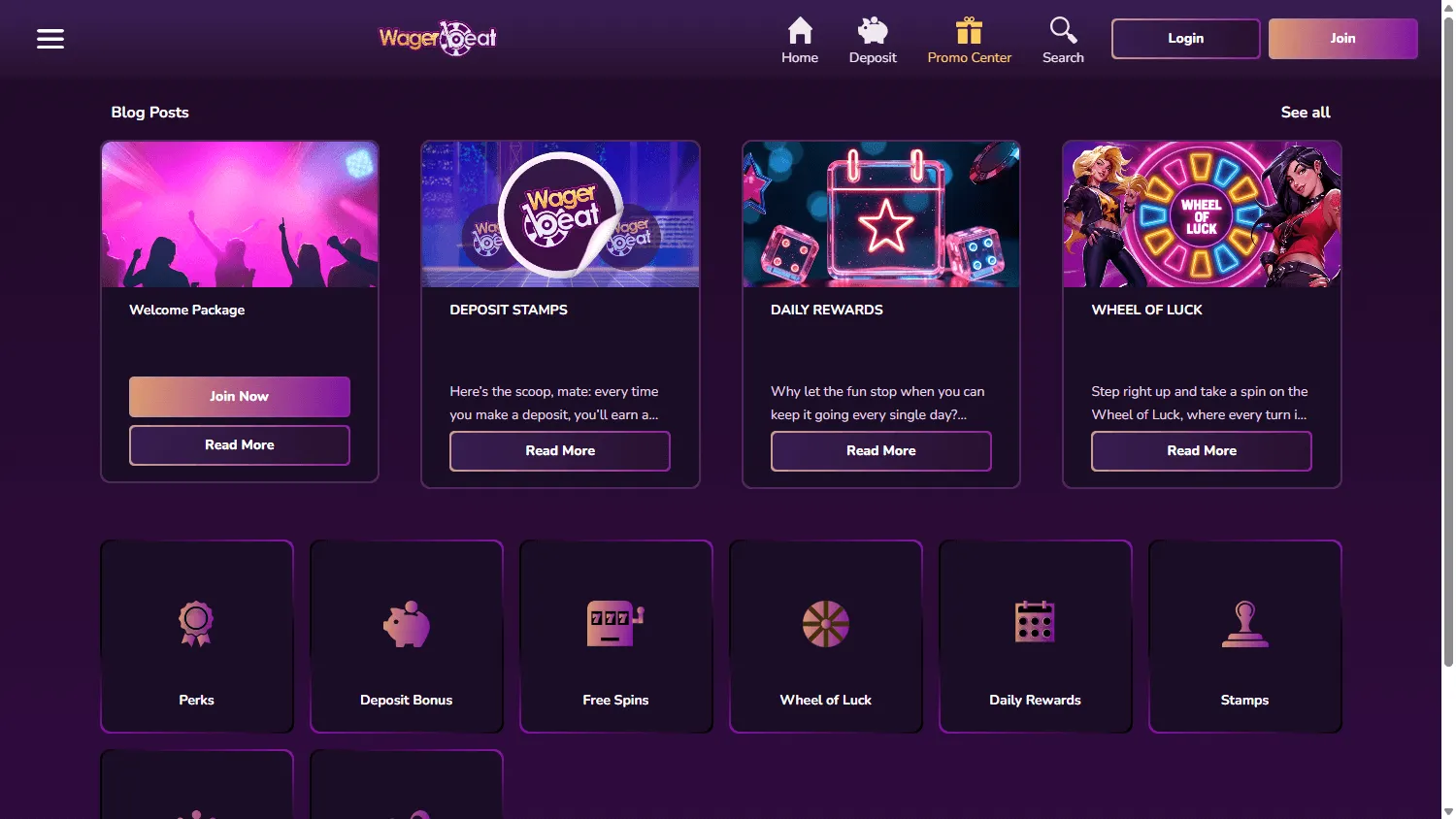 Wager Beat Casino desktop promotions area with welcome and ongoing bonus offers