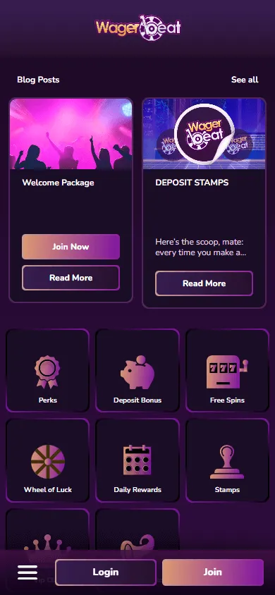 Wager Beat Casino mobile browser promotions area with bonuses and free spins